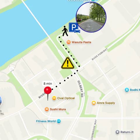 Walking route to River Road parking